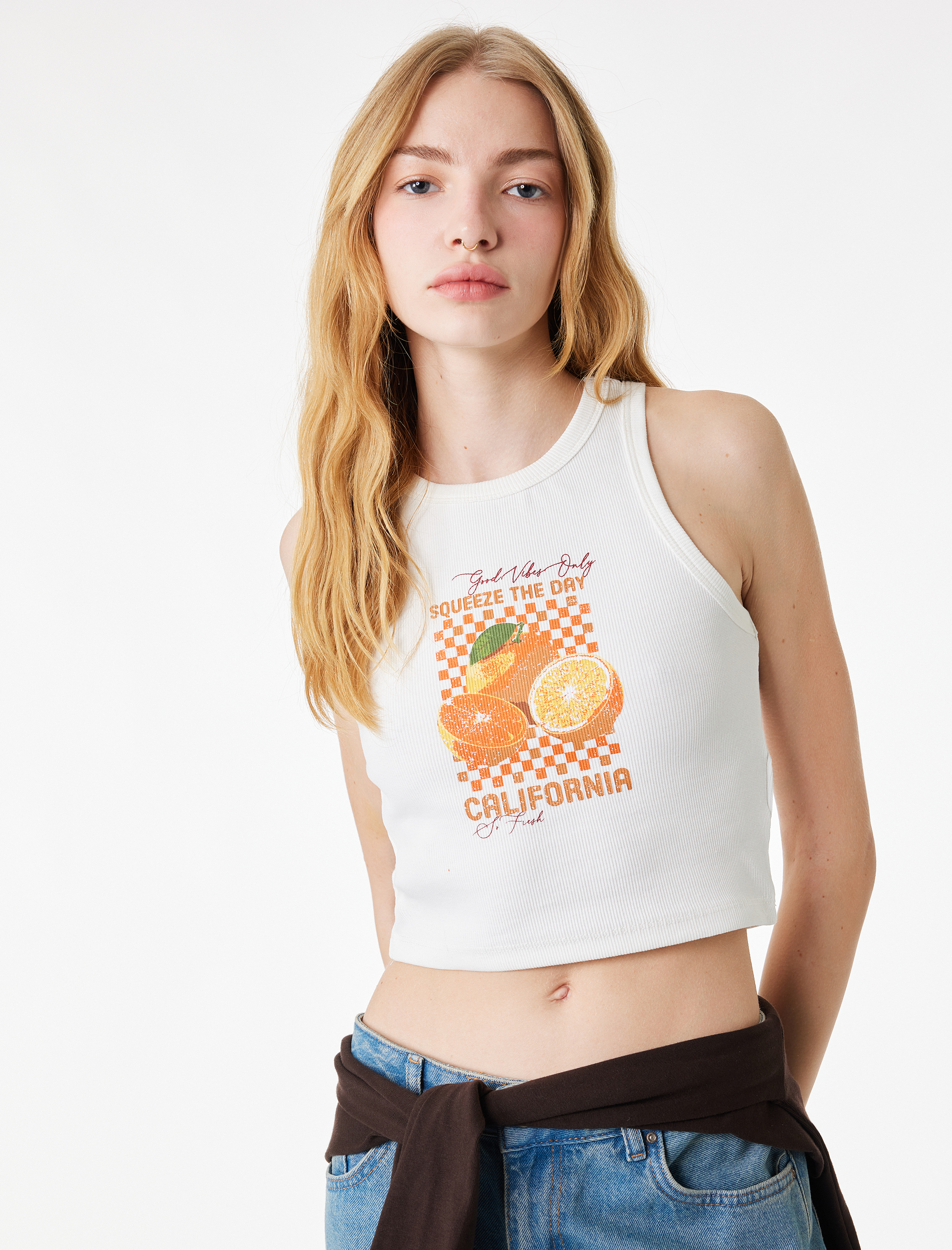   Pamuklu Bisiklet Yaka Portakal Baskılı Atlet