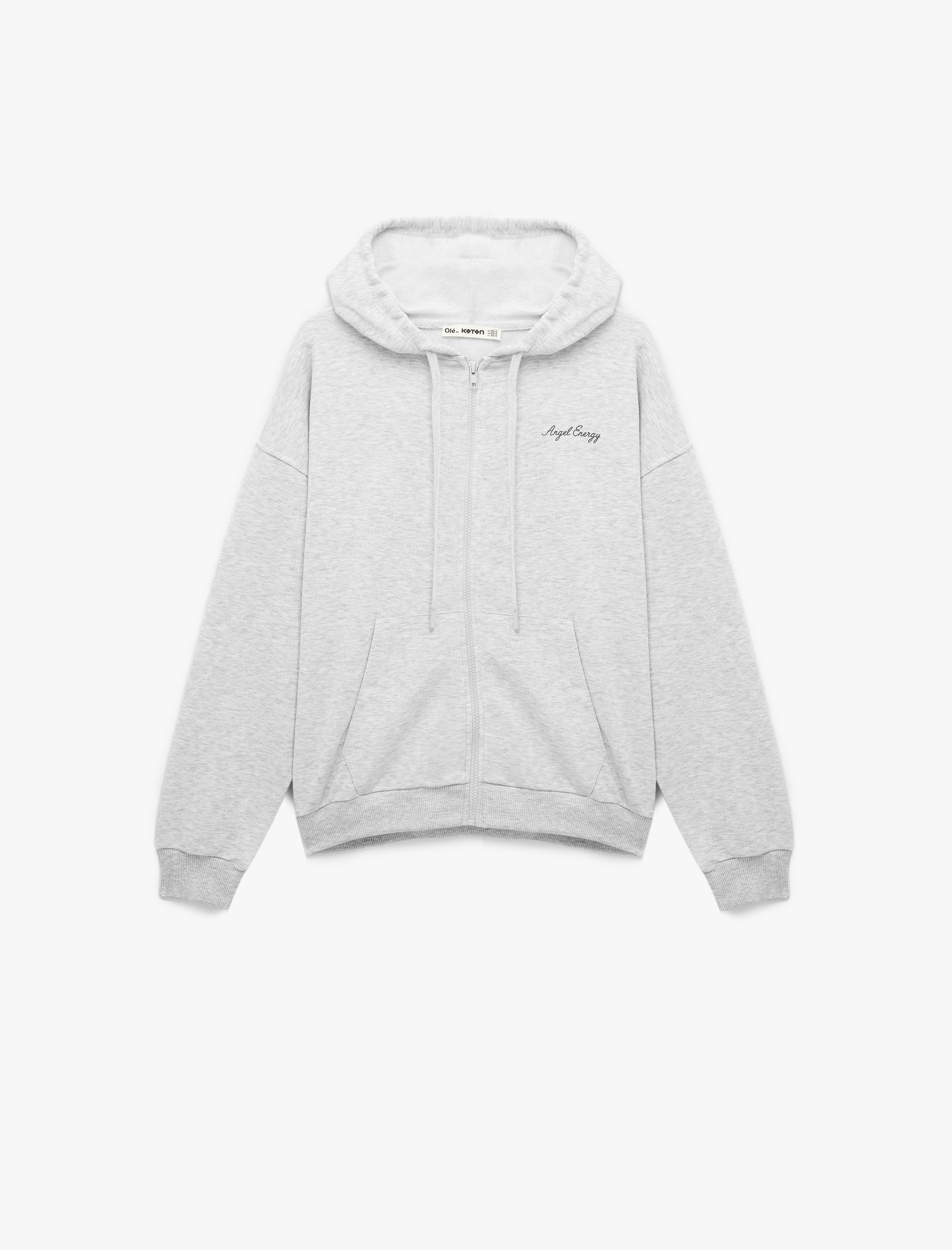   Üç İplik Uzun Kollu Fermuarlı Arkası Melek Kanadı Baskılı Kapüşonlu Sweatshirt