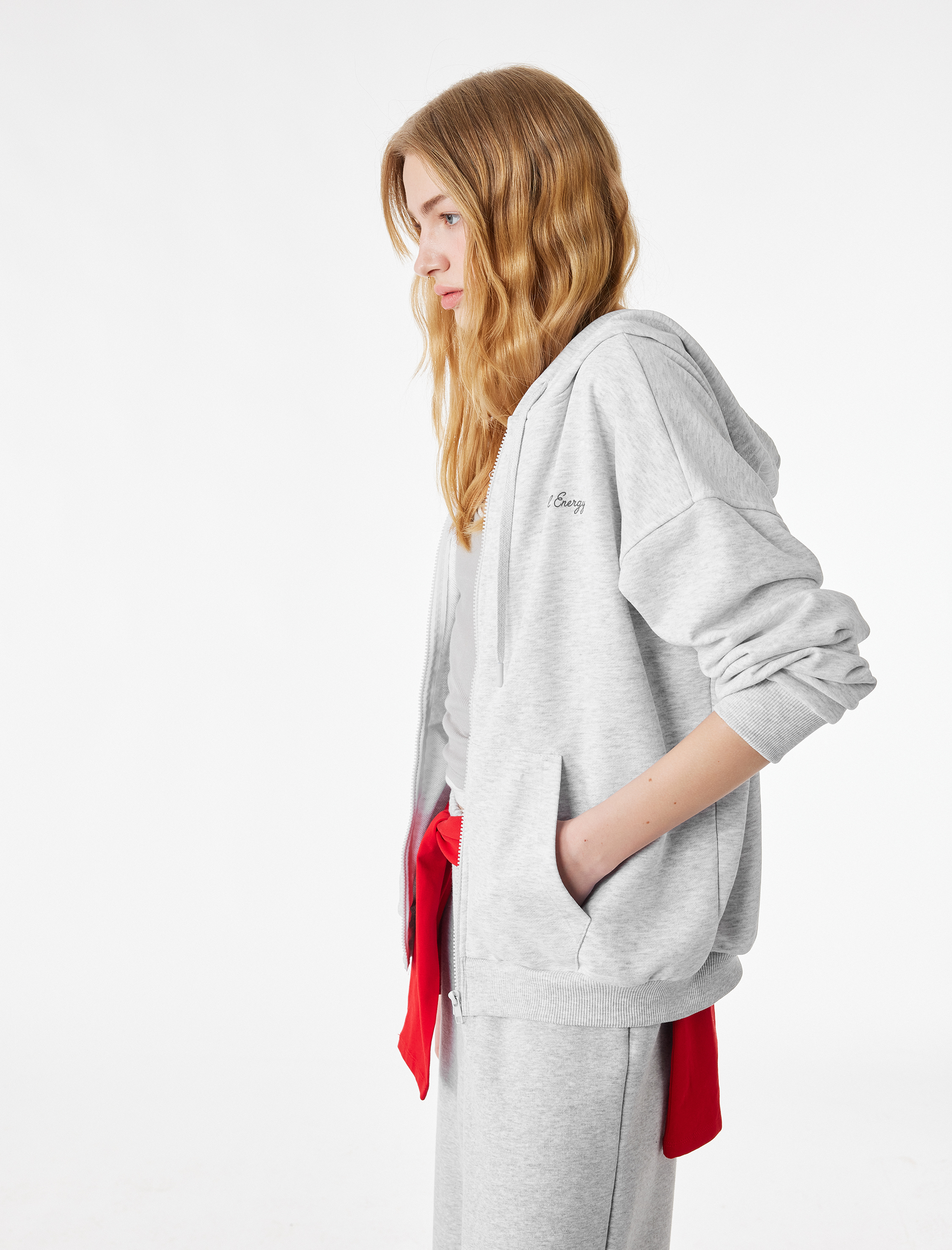   Üç İplik Uzun Kollu Fermuarlı Arkası Melek Kanadı Baskılı Kapüşonlu Sweatshirt