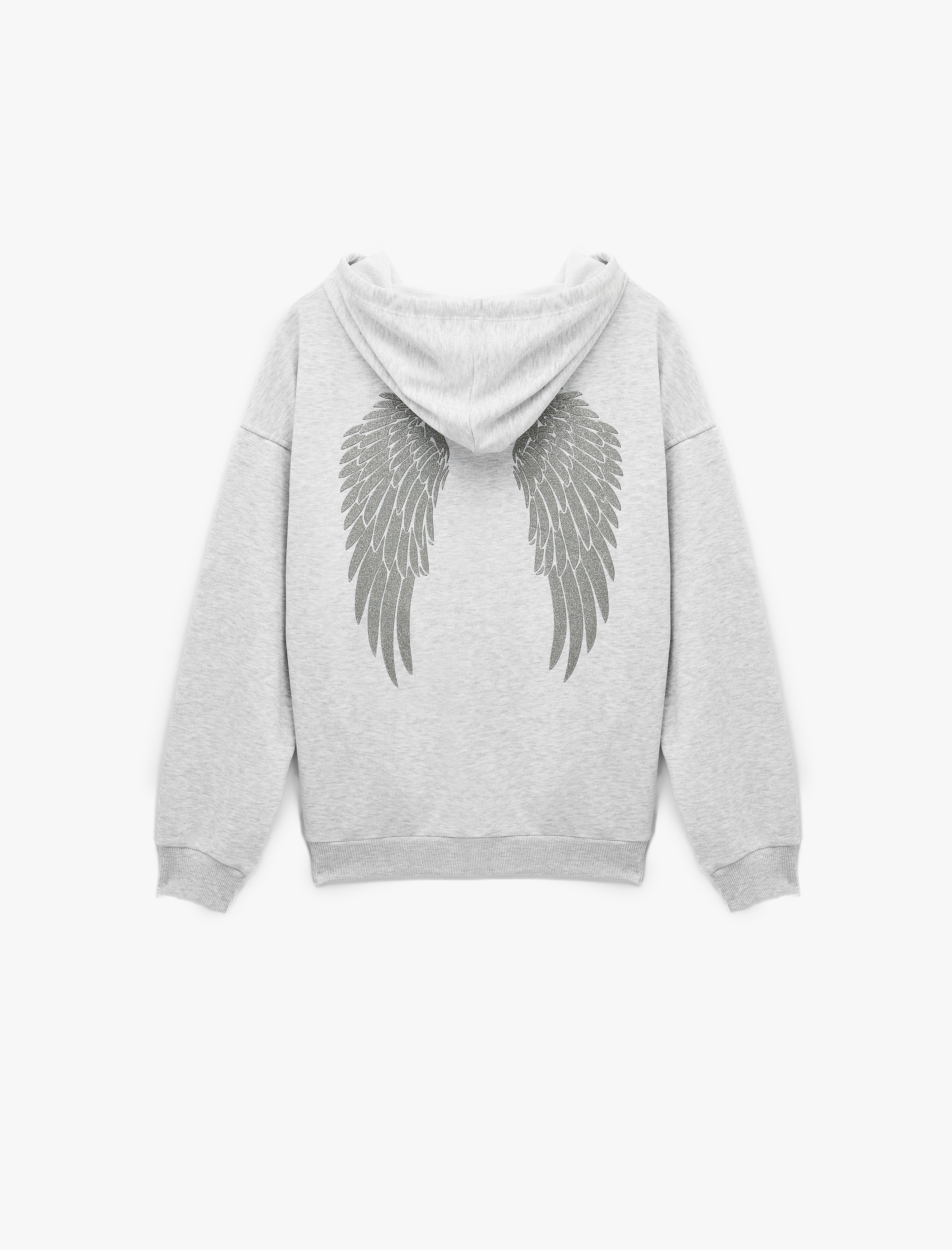   Üç İplik Uzun Kollu Fermuarlı Arkası Melek Kanadı Baskılı Kapüşonlu Sweatshirt