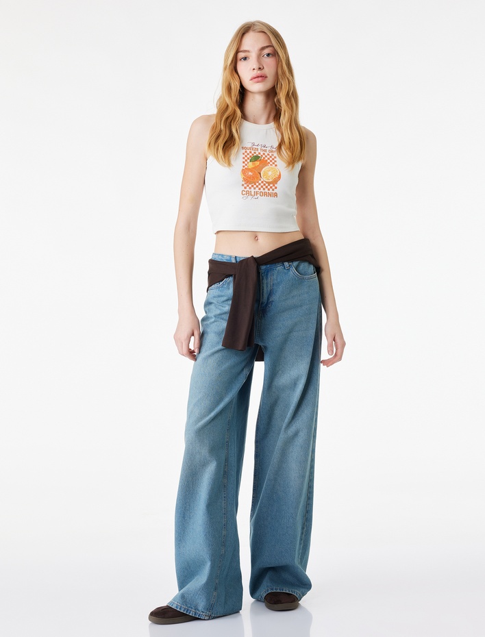  Pamuklu Bisiklet Yaka Portakal Baskılı Atlet