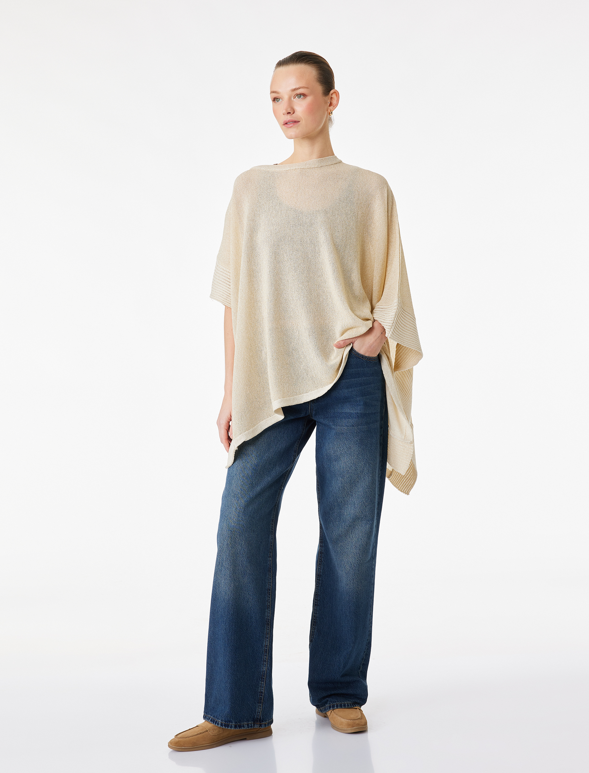   Pelerin Yarasa Kollu Bisiklet Yaka Parıltılı Oversize Triko Panço