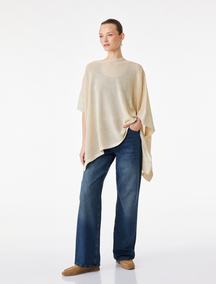  Pelerin Yarasa Kollu Bisiklet Yaka Parıltılı Oversize Triko Panço