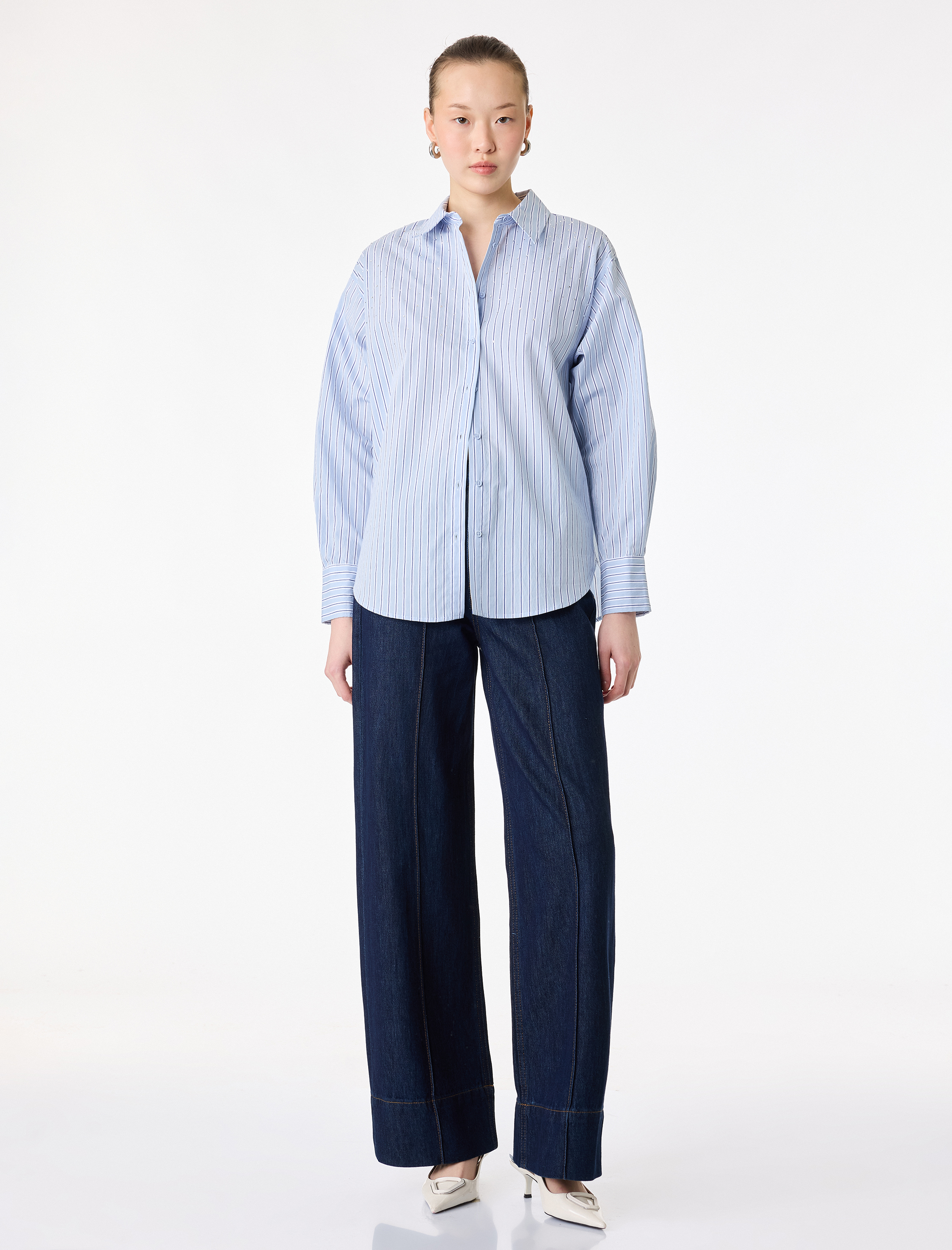   Regular Fit Uzun Kollu Klasik Yaka Çizgili Taşlı Gömlek