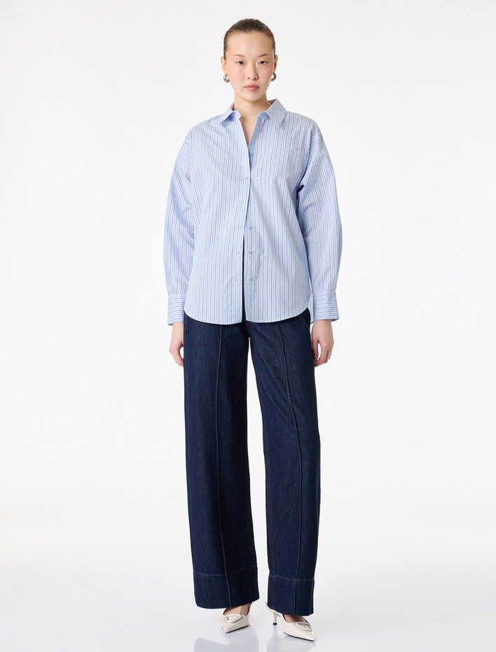  Regular Fit Uzun Kollu Klasik Yaka Çizgili Taşlı Gömlek