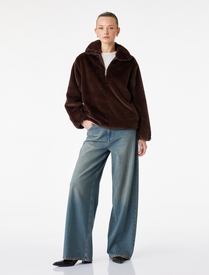  Uzun Kollu Dik Yaka Fermuarlı Suni Kürk Oversize Mont