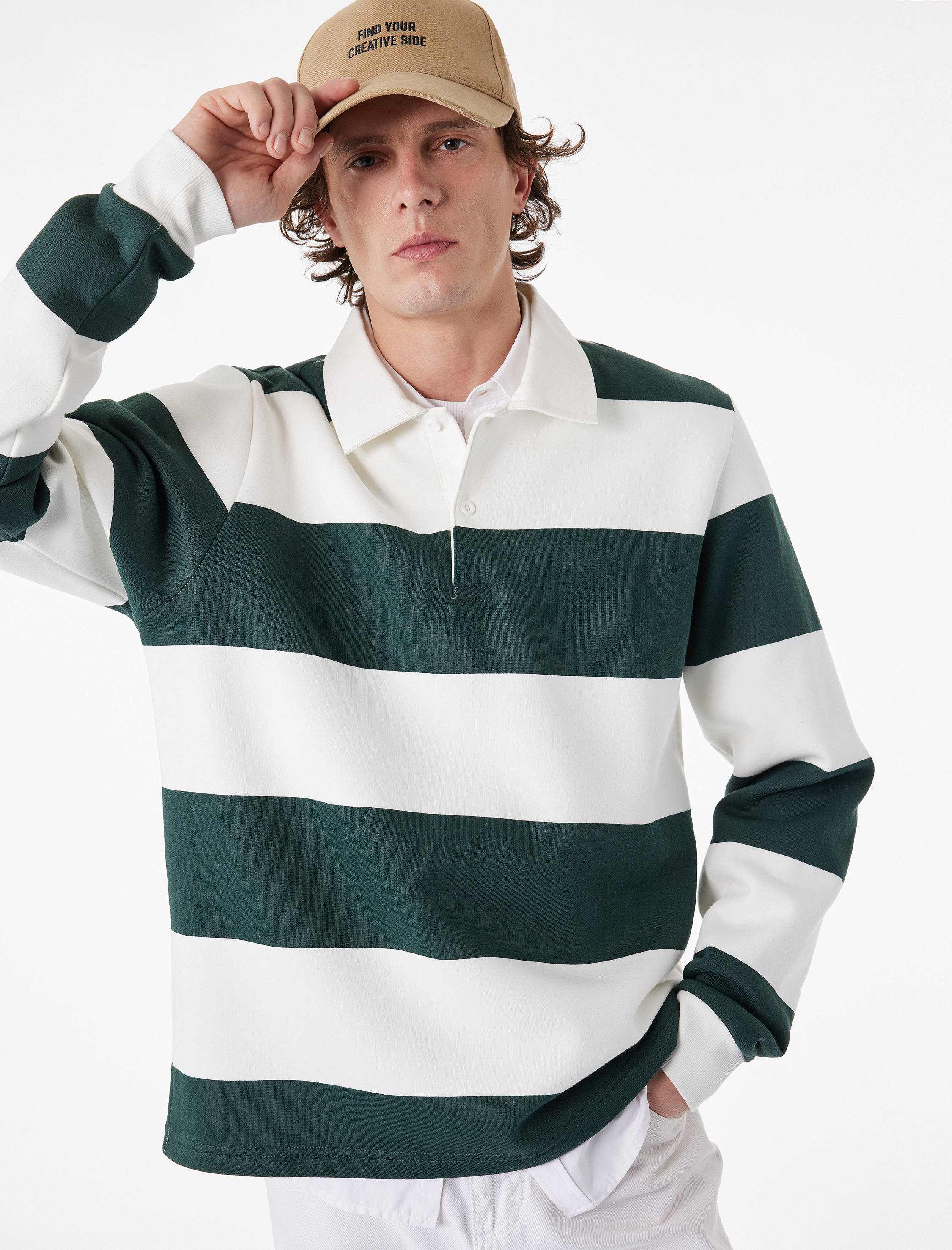   Regular Fit Uzun Kollu Şardonlu Düğmeli Polo Yaka Çizgili Sweatshirt