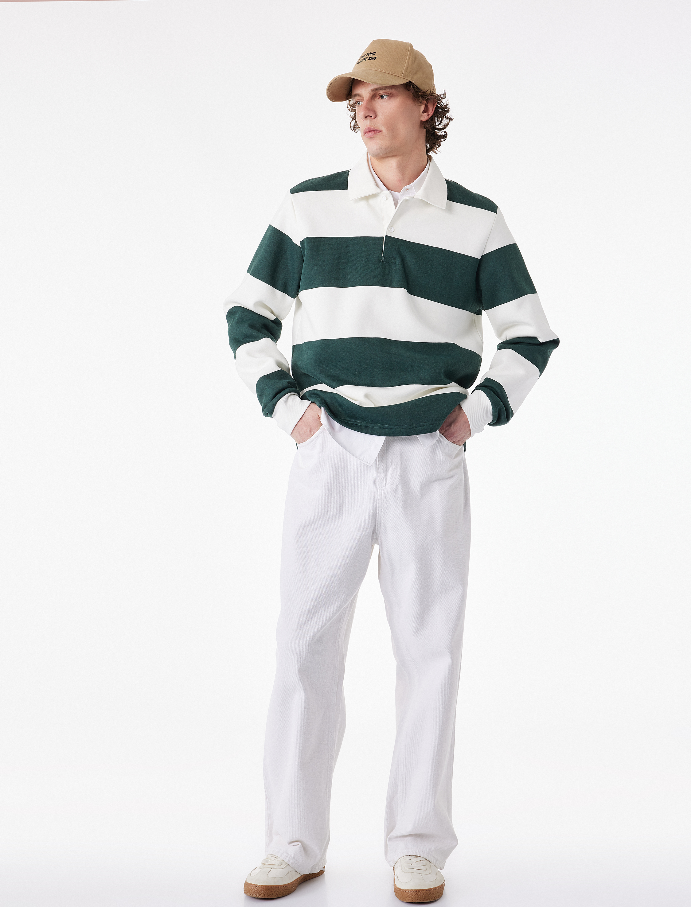   Regular Fit Uzun Kollu Şardonlu Düğmeli Polo Yaka Çizgili Sweatshirt