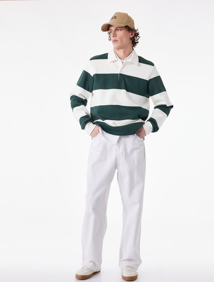  Regular Fit Uzun Kollu Şardonlu Düğmeli Polo Yaka Çizgili Sweatshirt