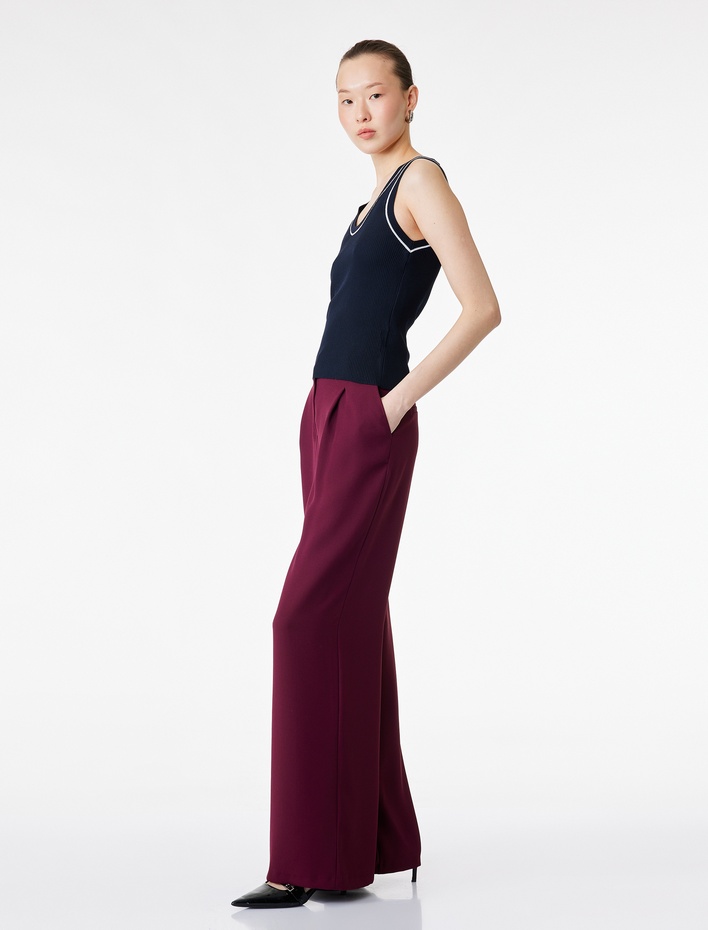  Krep Kumaş Pile Detaylı Cepli Yüksek Bel Palazzo Pantolon