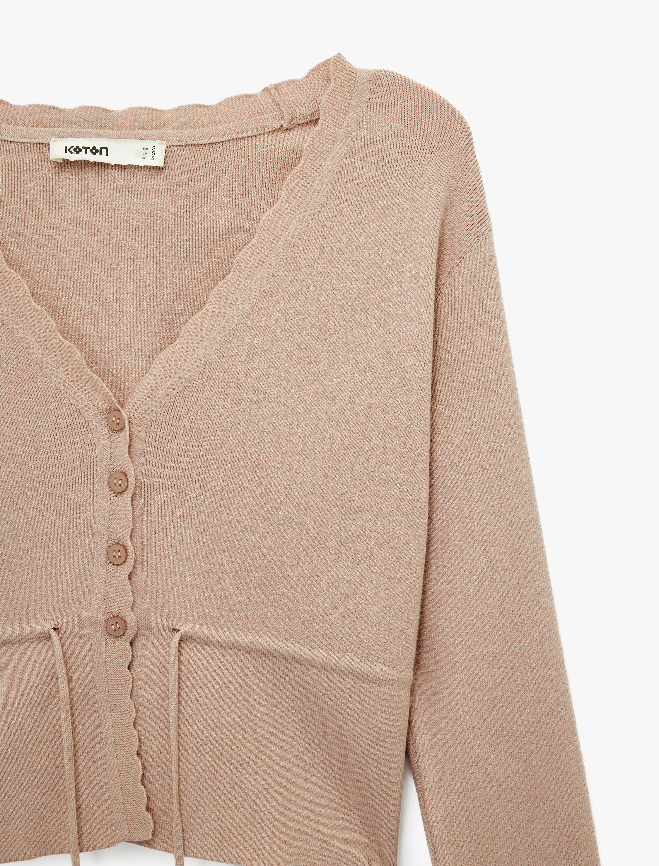   Uzun Kollu Beli Bağcıklı Düğmeli V Yaka Triko Hırka