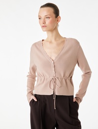 Uzun Kollu Beli Bağcıklı Düğmeli V Yaka Triko Hırka