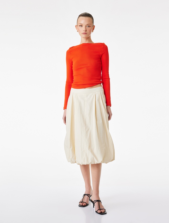  Paraşüt Kumaş Pile Detaylı Midi Boy Balon Etek