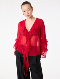 Uzun Kollu V Yaka Fırfırlı Şifon Bluz