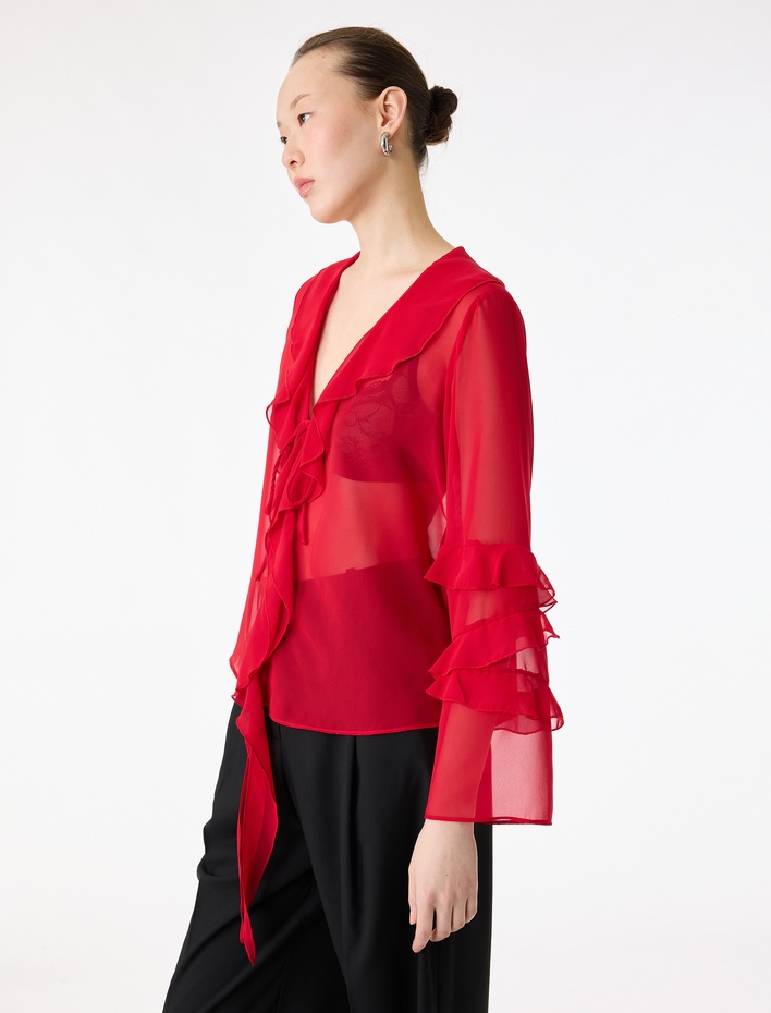  Uzun Kollu V Yaka Fırfırlı Şifon Bluz