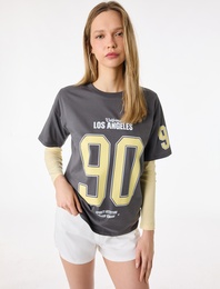 Kısa Kollu Bisiklet Yaka Pamuklu Baskılı Oversize Tişört