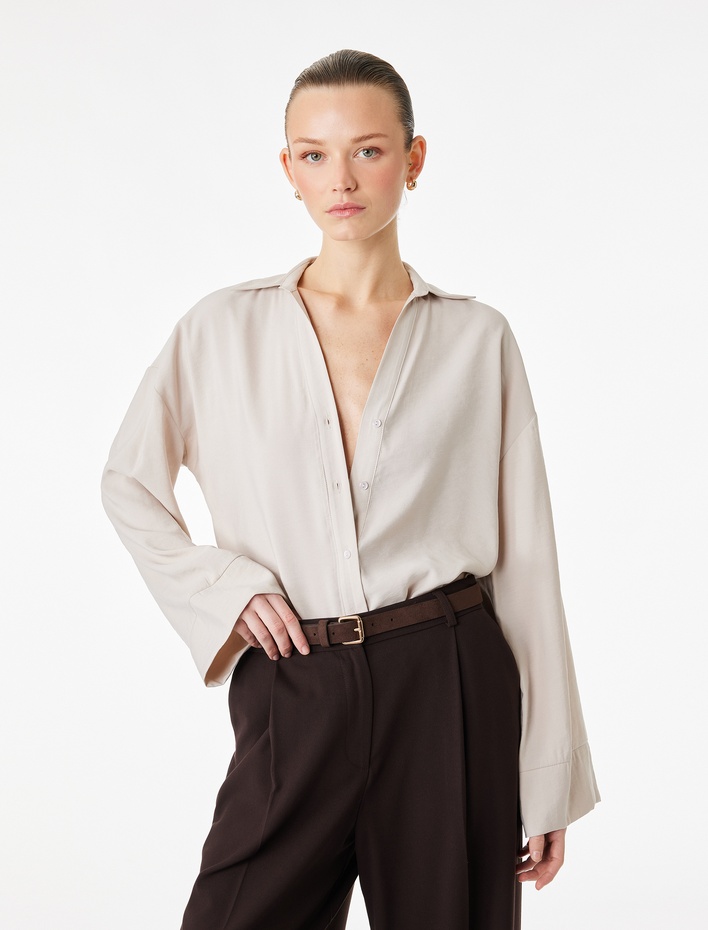  Uzun Geniş Kollu Oversize Modal Kumaş Gömlek