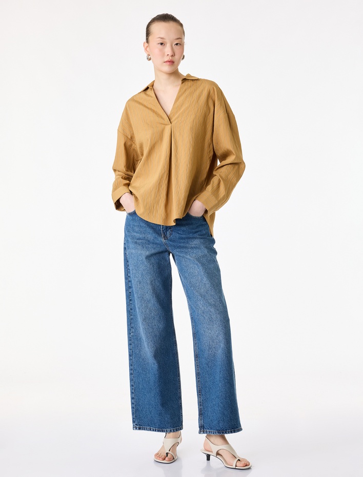  Modal Kumaş Uzun Kollu V Yaka Oversize Çizgili Gömlek