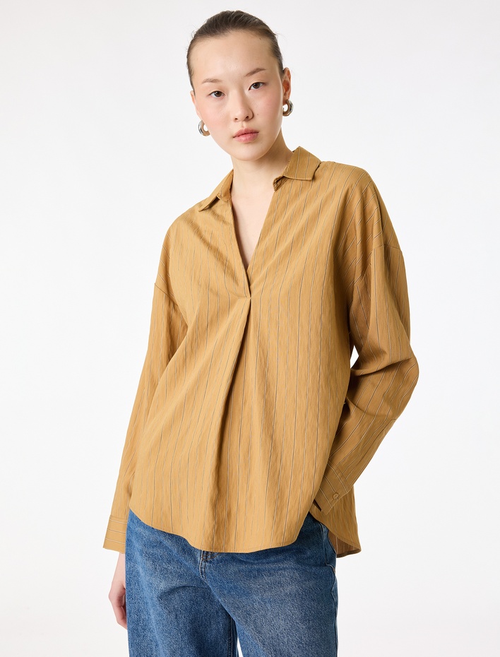  Modal Kumaş Uzun Kollu V Yaka Oversize Çizgili Gömlek