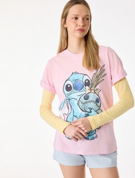 Stitch Baskılı Rahat Kalıp Kısa Kollu Bisiklet Yaka Lisanslı Tişört