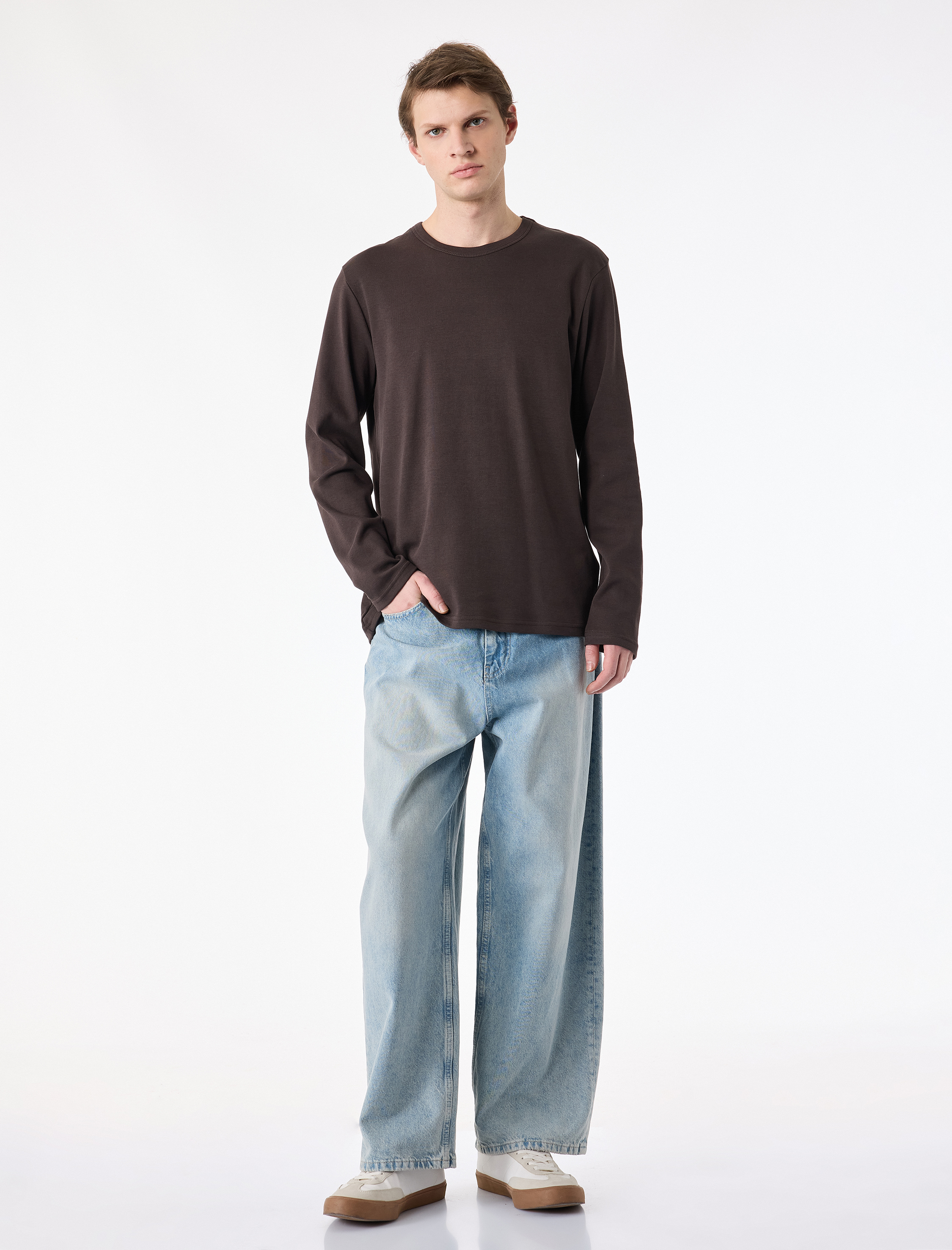   Regular Fit Pamuklu Uzun Kollu Bisiklet Yaka Tişört