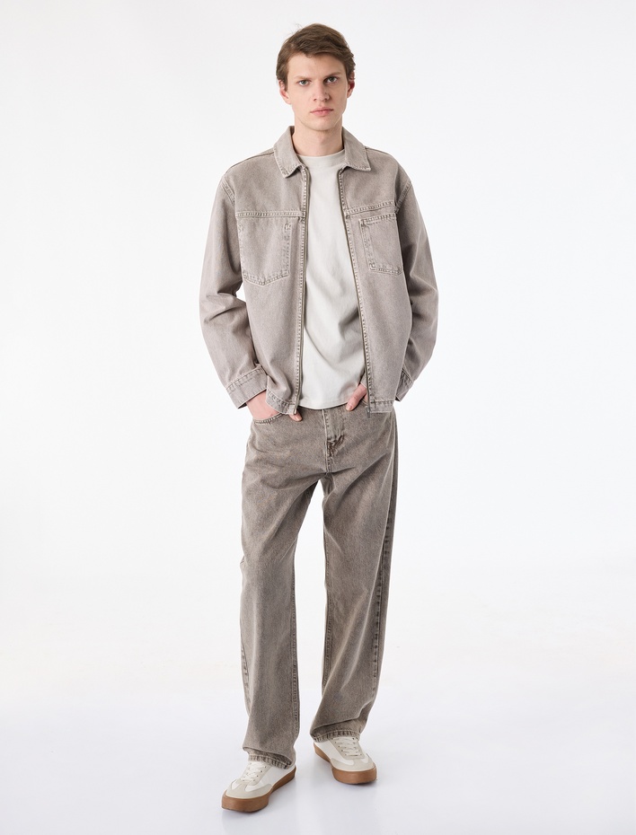  Uzun Kollu Pamuklu Cepli Fermuarlı Jean Gömlek Ceket