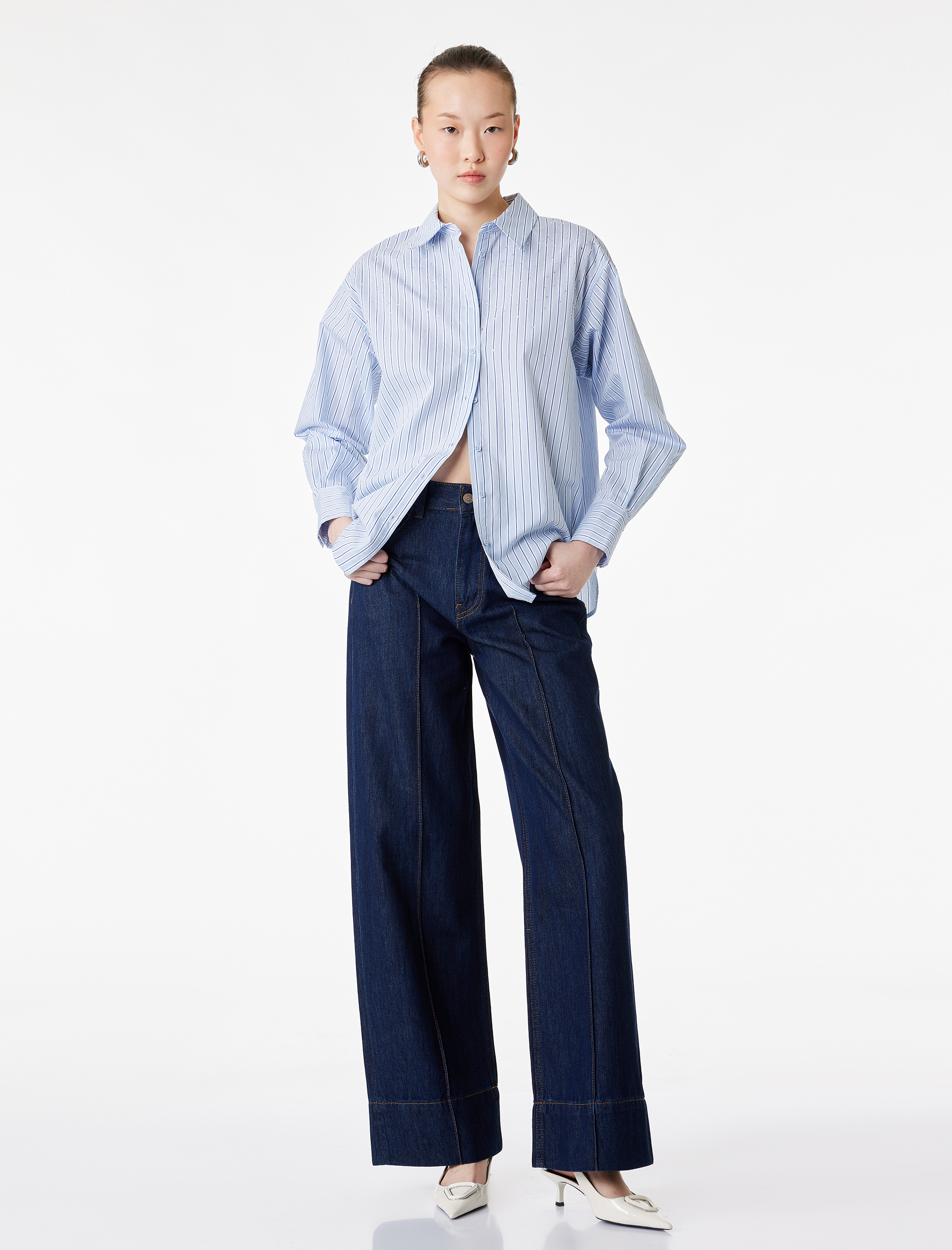   Pamuklu Düğmeli Yüksek Bel Nervürlü Geniş Paça Denim Pantolon -  Wide Leg Jeans