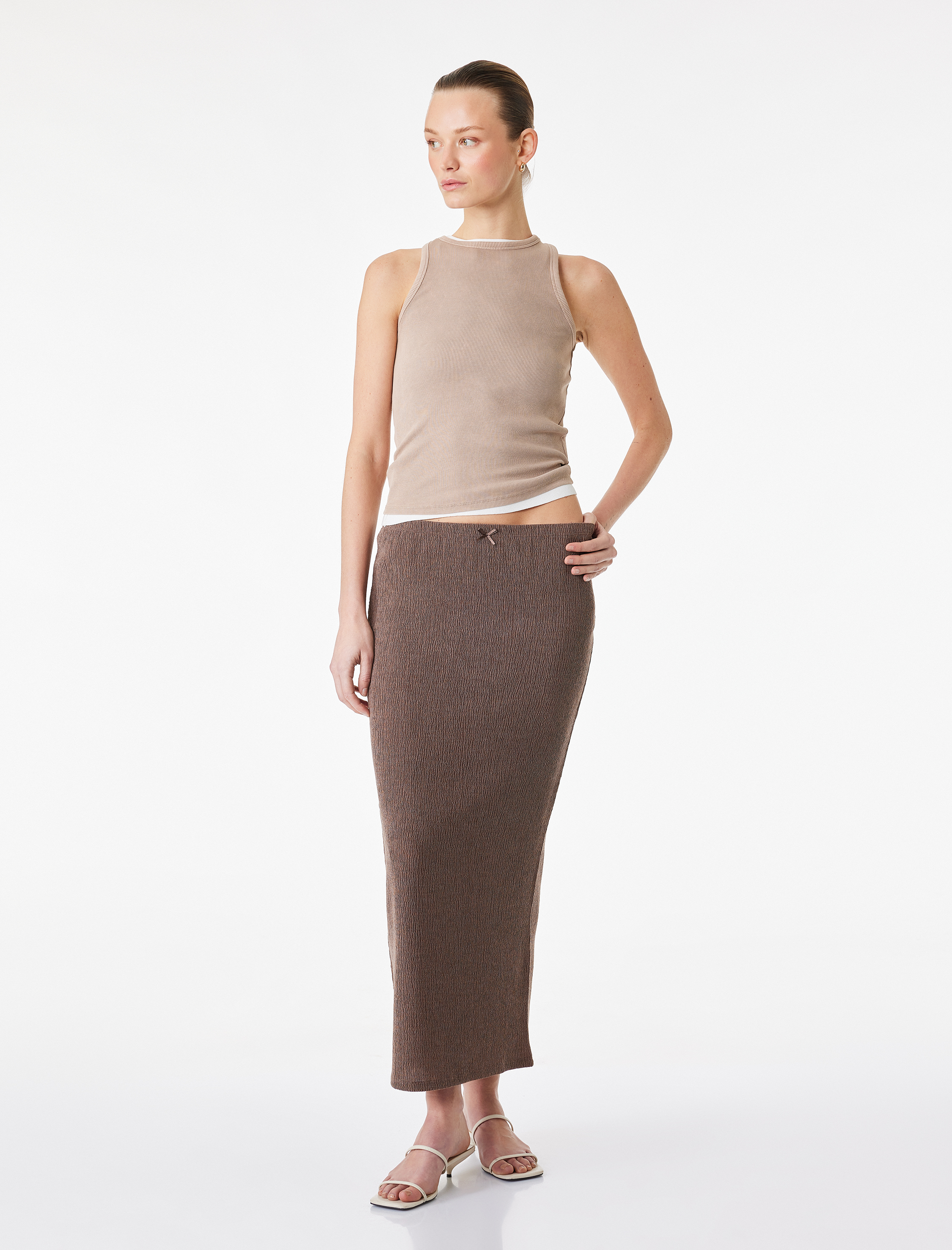   Bürümcük Kumaş Slim Fit Fiyonk Detaylı Midi Etek