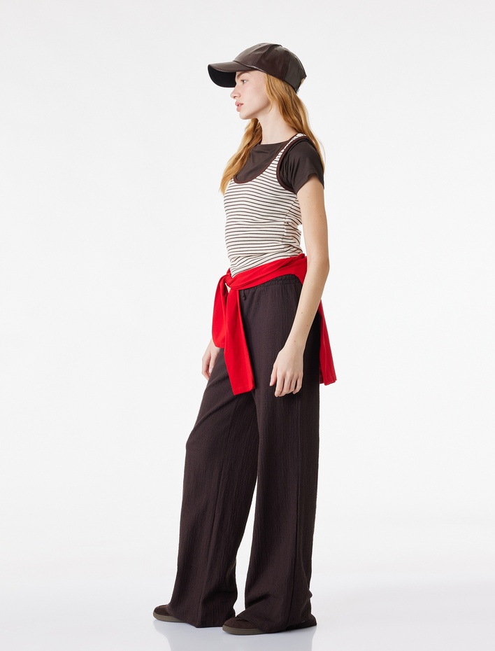  Yüksek Bel Rahat Kalıp Geniş Paça Beli Bağcıklı Pantolon