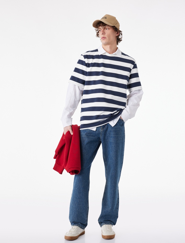  Regular Fit Viskon Karışımlı Kısa Kollu Bisiklet Yaka Çizgili Tişört