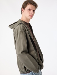 Pamuklu Cepli Uzun Kollu Fermuarlı Oversize Kapşonlu Jean Ceket