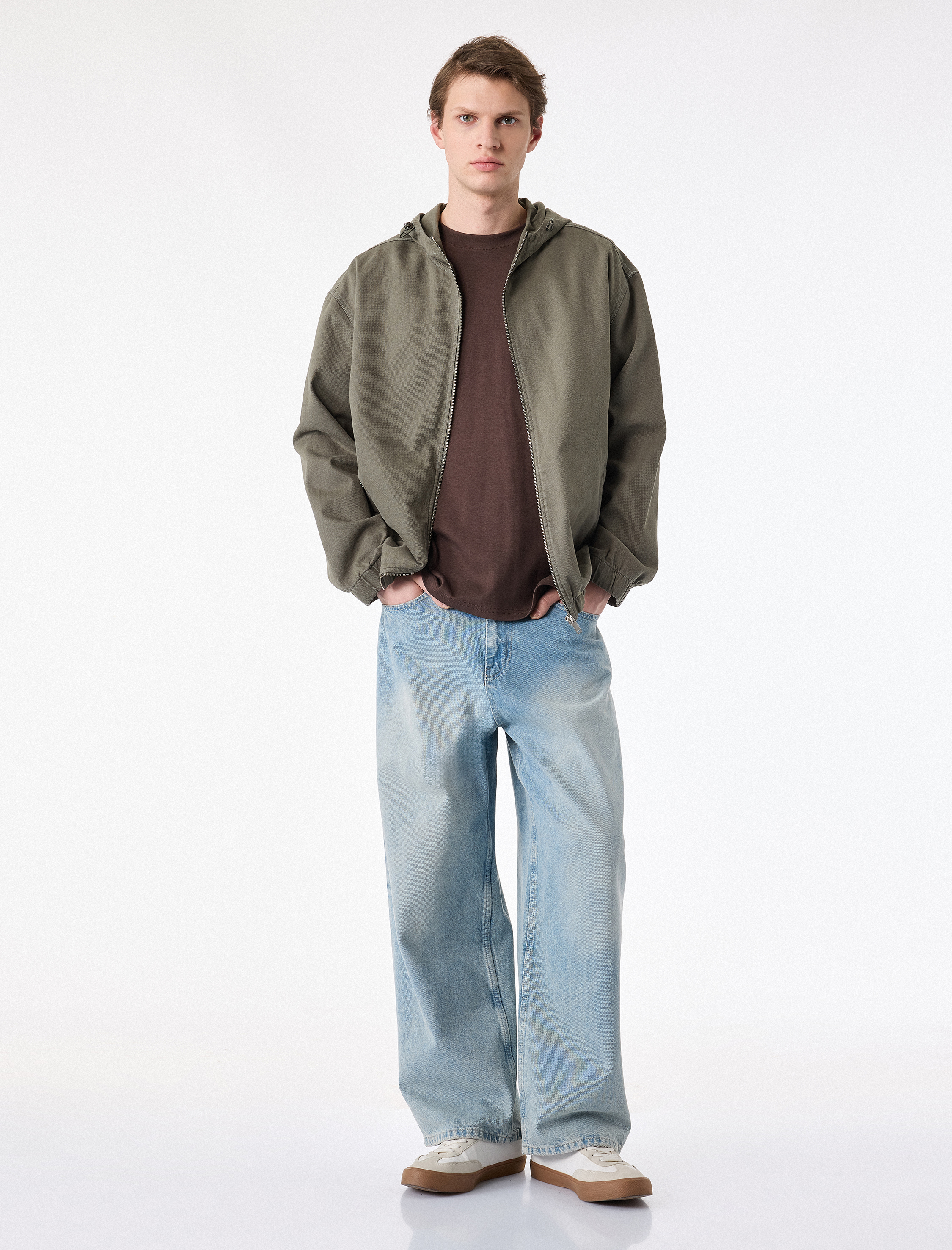   Pamuklu Cepli Uzun Kollu Fermuarlı Oversize Kapşonlu Jean Ceket