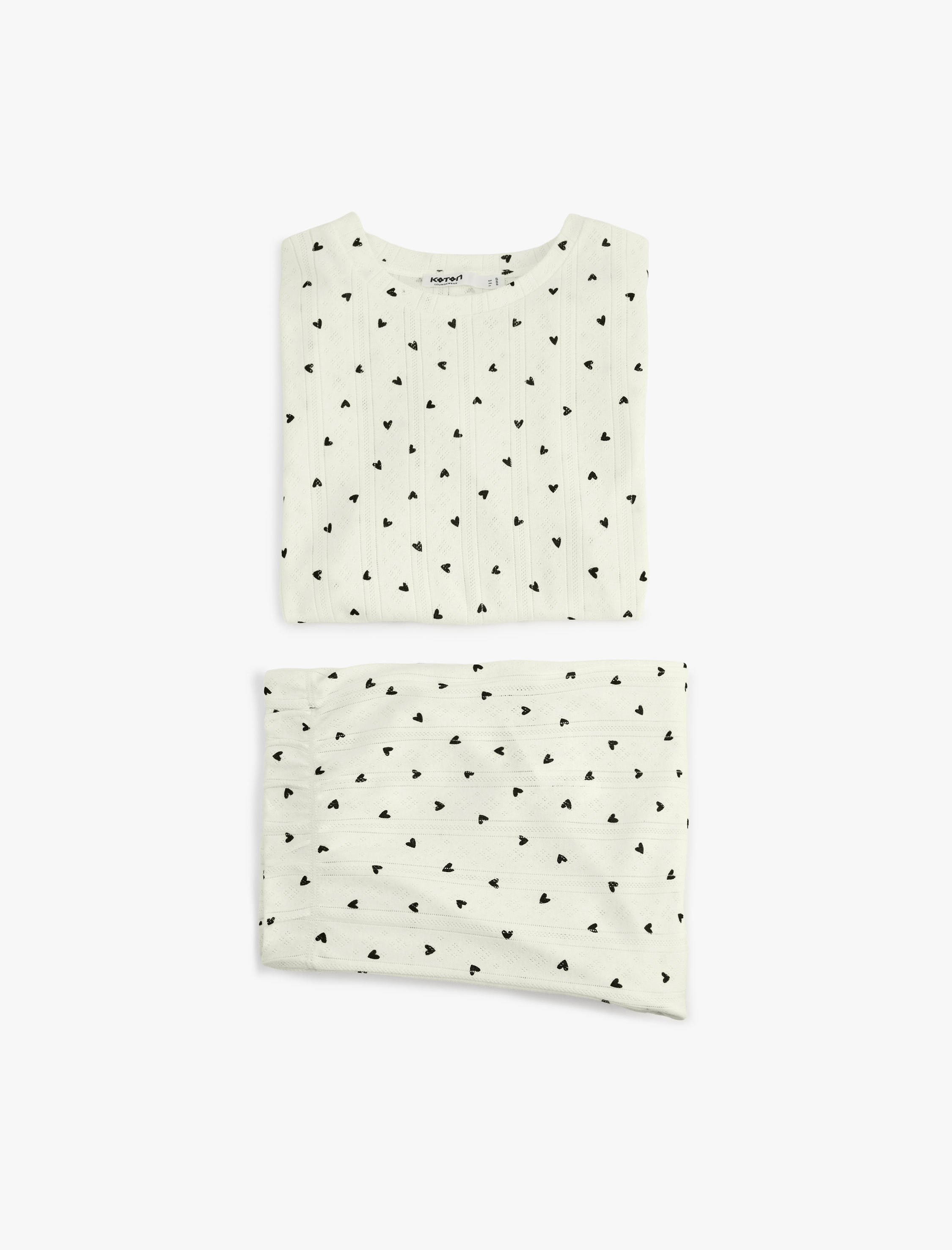   Kısa Kollu Bisiklet Yaka Kalp Desenli Pamuklu Pijama Takımı