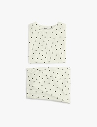 Kısa Kollu Bisiklet Yaka Kalp Desenli Pamuklu Pijama Takımı