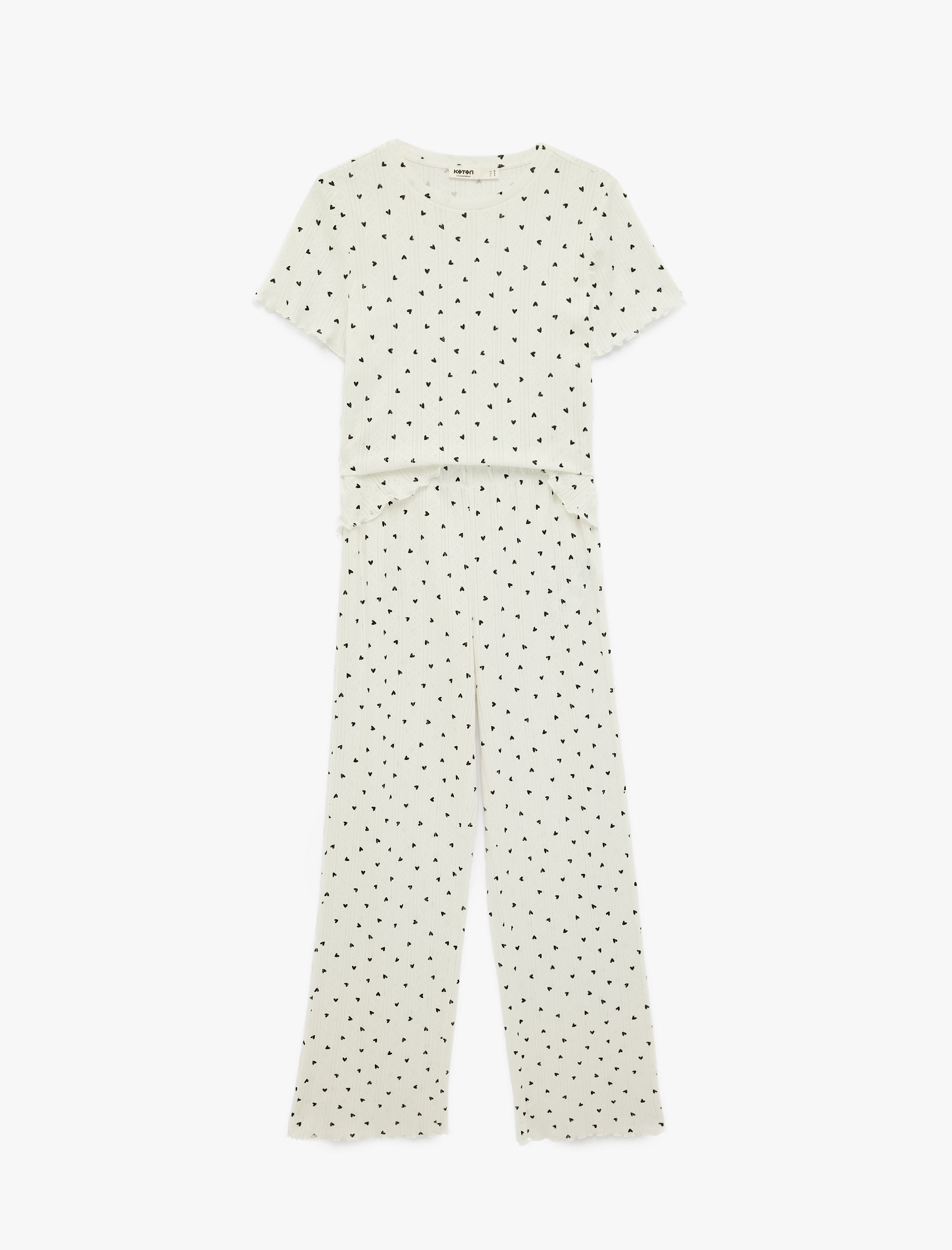   Kısa Kollu Bisiklet Yaka Kalp Desenli Pamuklu Pijama Takımı