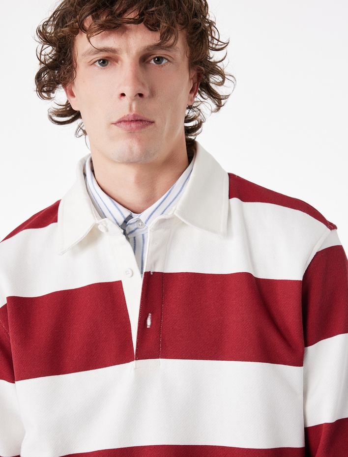  Uzun Kollu Pamuklu Düğmeli Polo Yaka Çizgili Sweatshirt