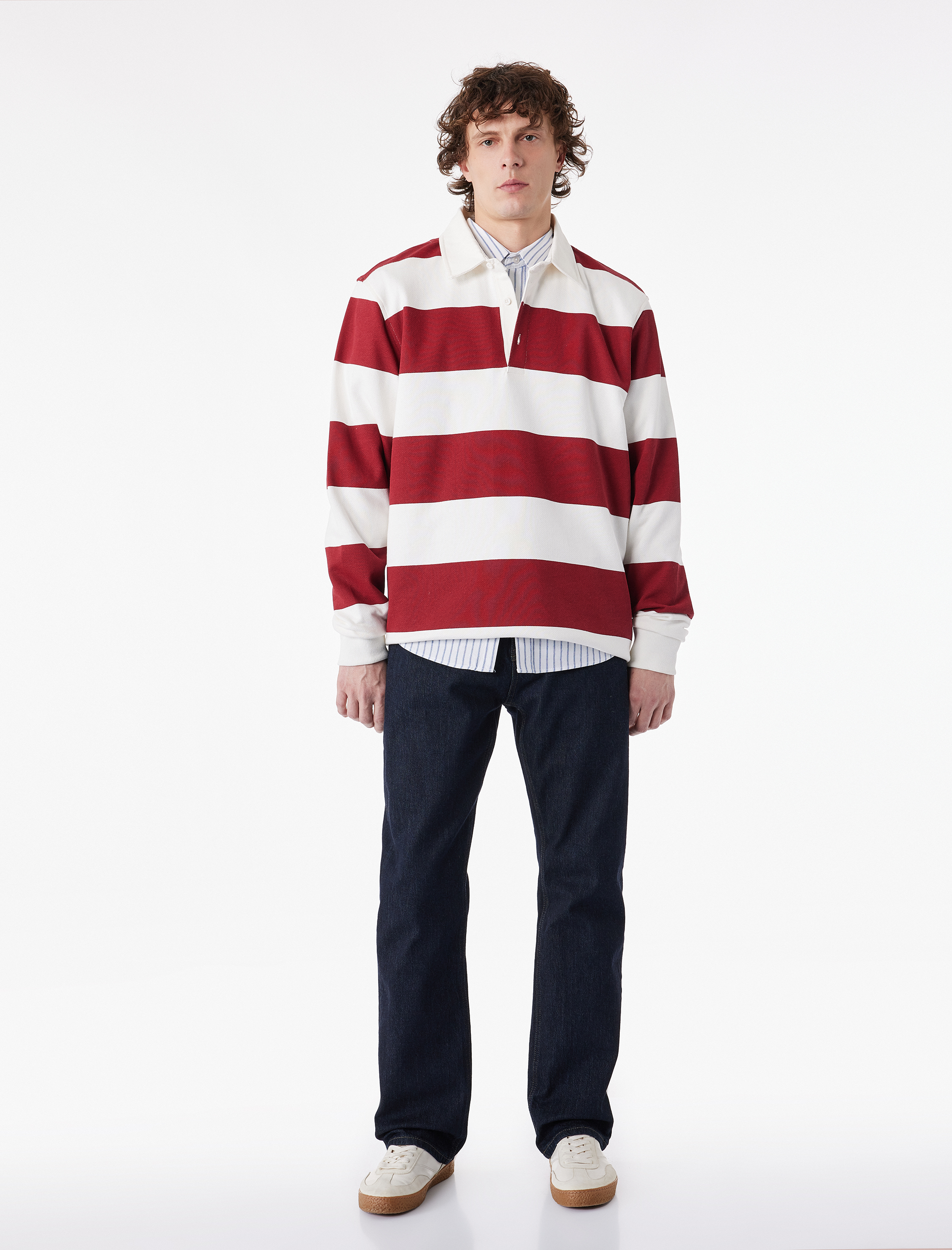   Uzun Kollu Pamuklu Düğmeli Polo Yaka Çizgili Sweatshirt