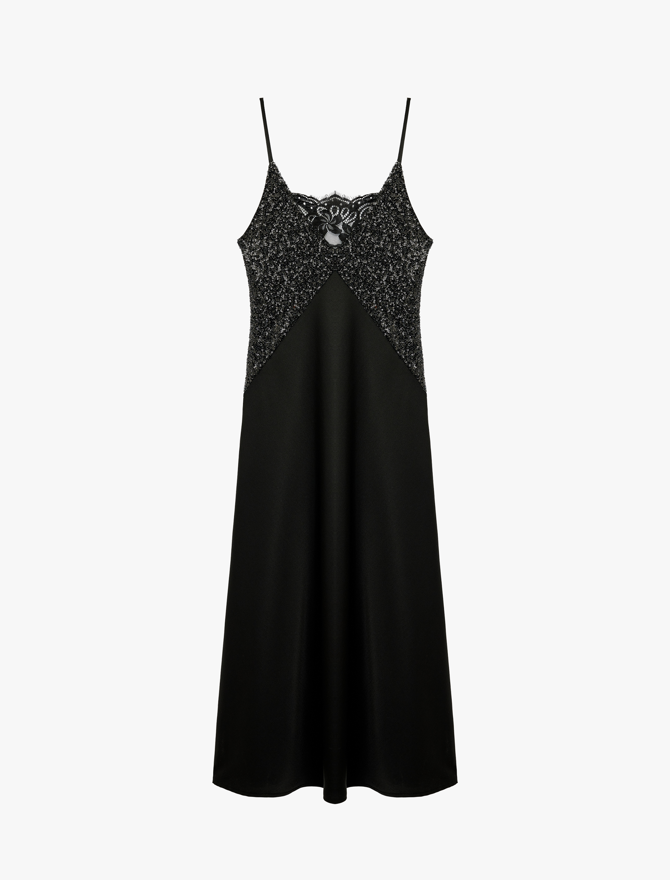   Pullu Payetli Dantel Detaylı V Yaka Kolsuz Midi Saten Abiye Elbise