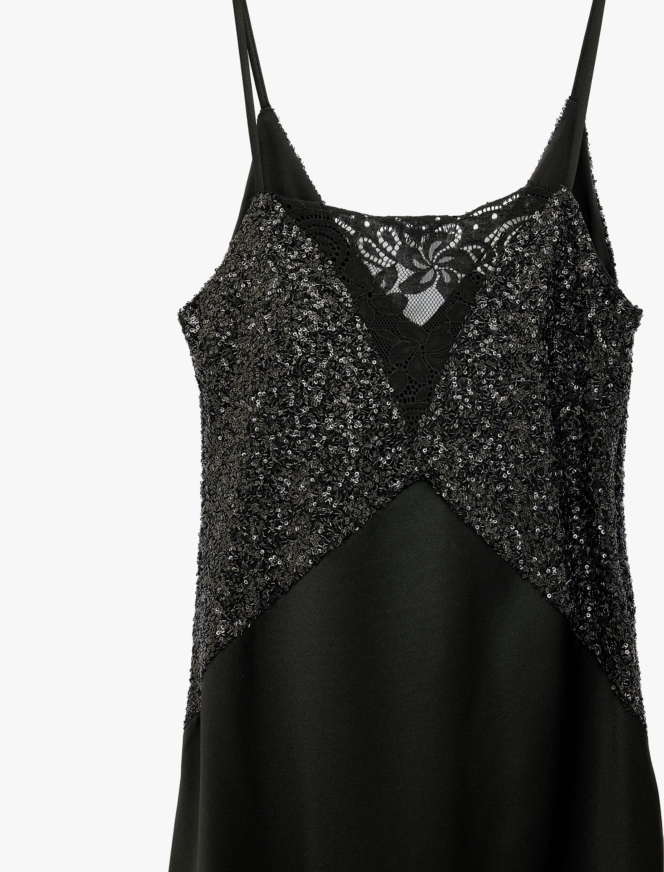   Pullu Payetli Dantel Detaylı V Yaka Kolsuz Midi Saten Abiye Elbise