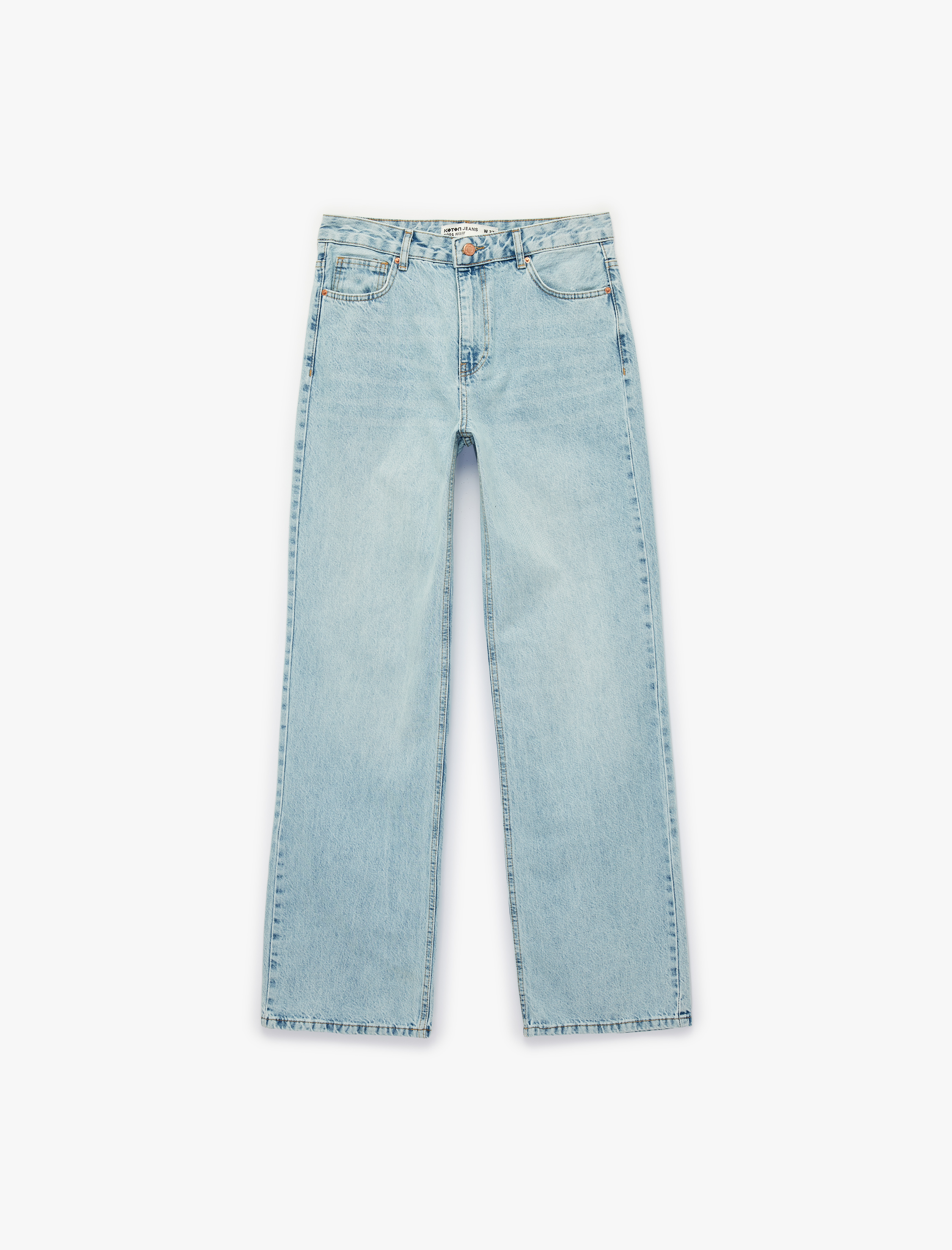   Yüksek Bel Düz Paça Cepli Pamuklu Denim Pantolon - Straight Fit Jeans