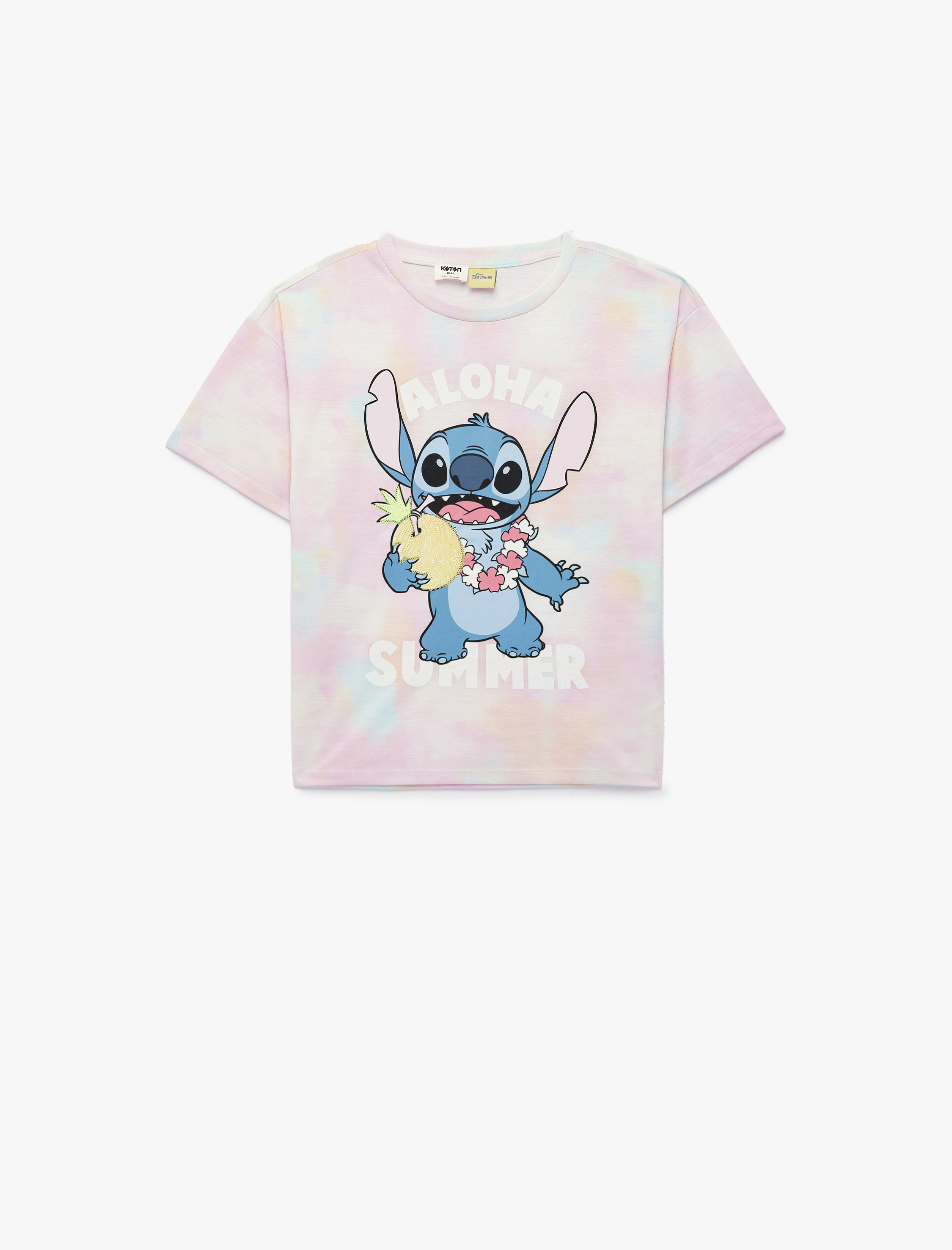  Kız Çocuk Lisanslı Stitch Baskılı Kısa Kollu Bisiklet Yaka Tişört