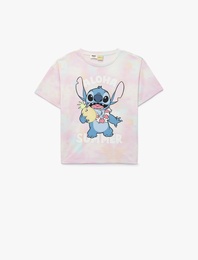 Lisanslı Stitch Baskılı Kısa Kollu Bisiklet Yaka Tişört