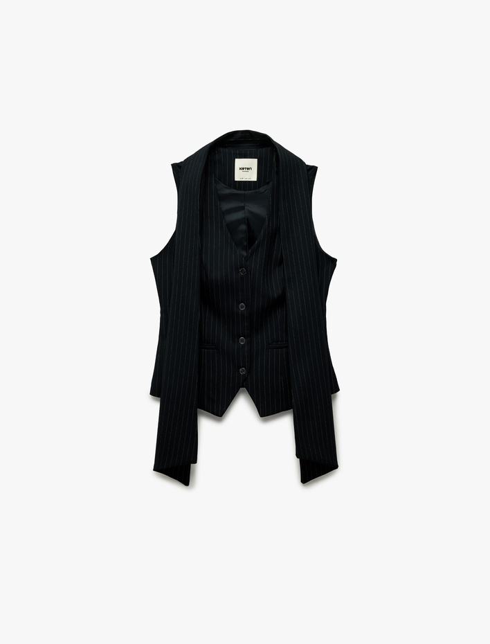  Viskon Karışımlı Cepli Fular Detaylı V Yaka Kolsuz Yelek