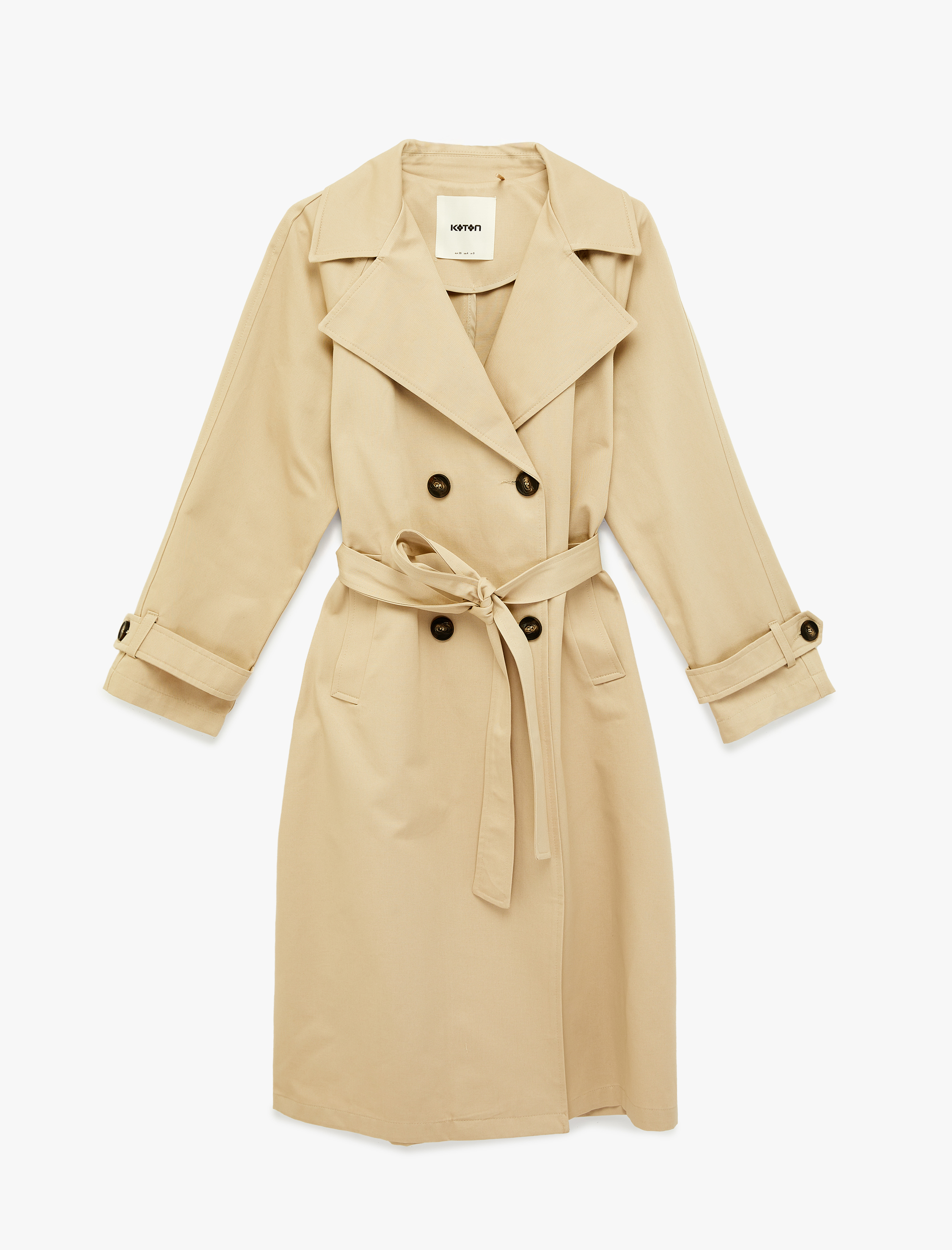   Uzun Kollu Cepli Kemerli Düğmeli Kruvaze Gabardin Oversize Trençkot