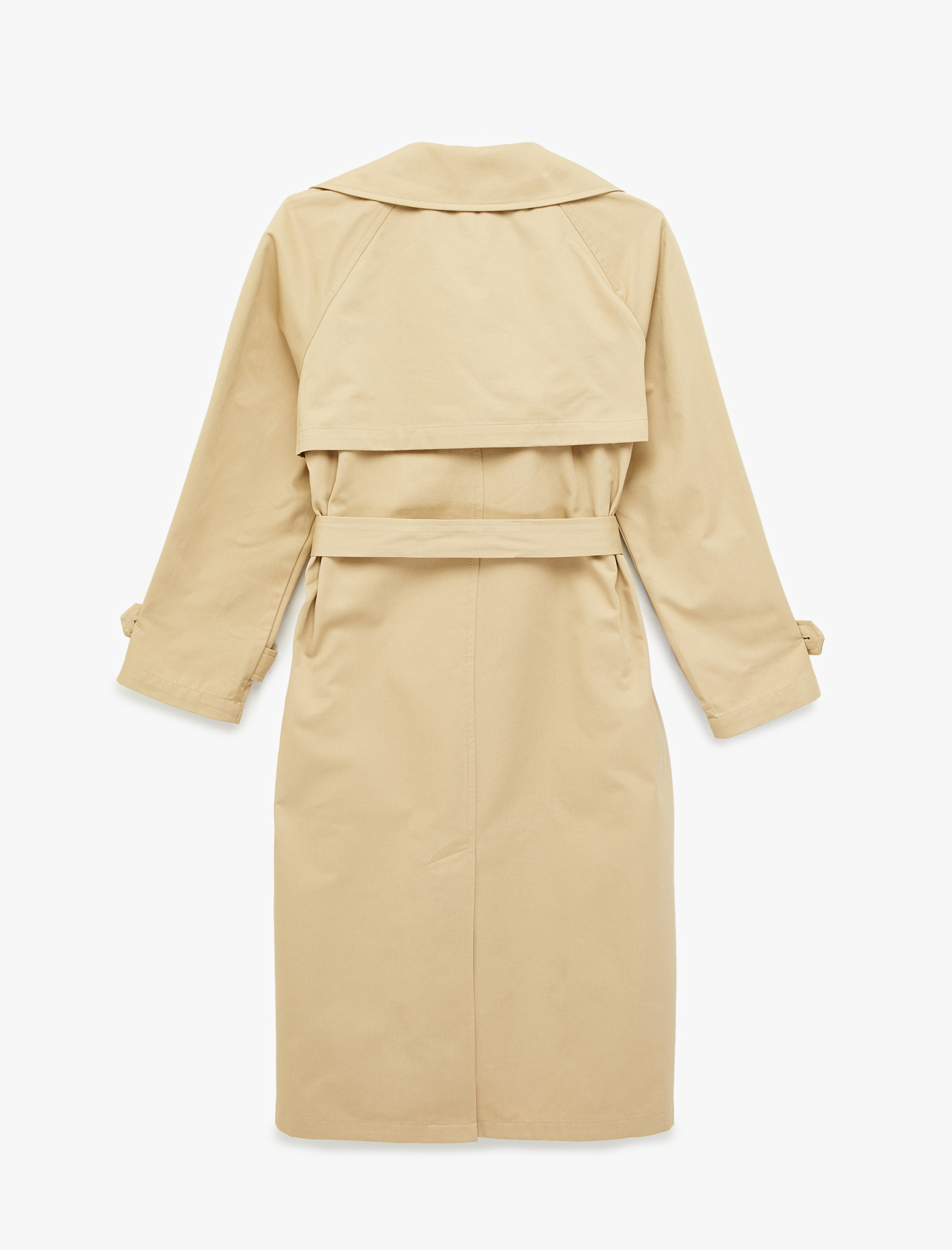   Uzun Kollu Cepli Kemerli Düğmeli Kruvaze Gabardin Oversize Trençkot