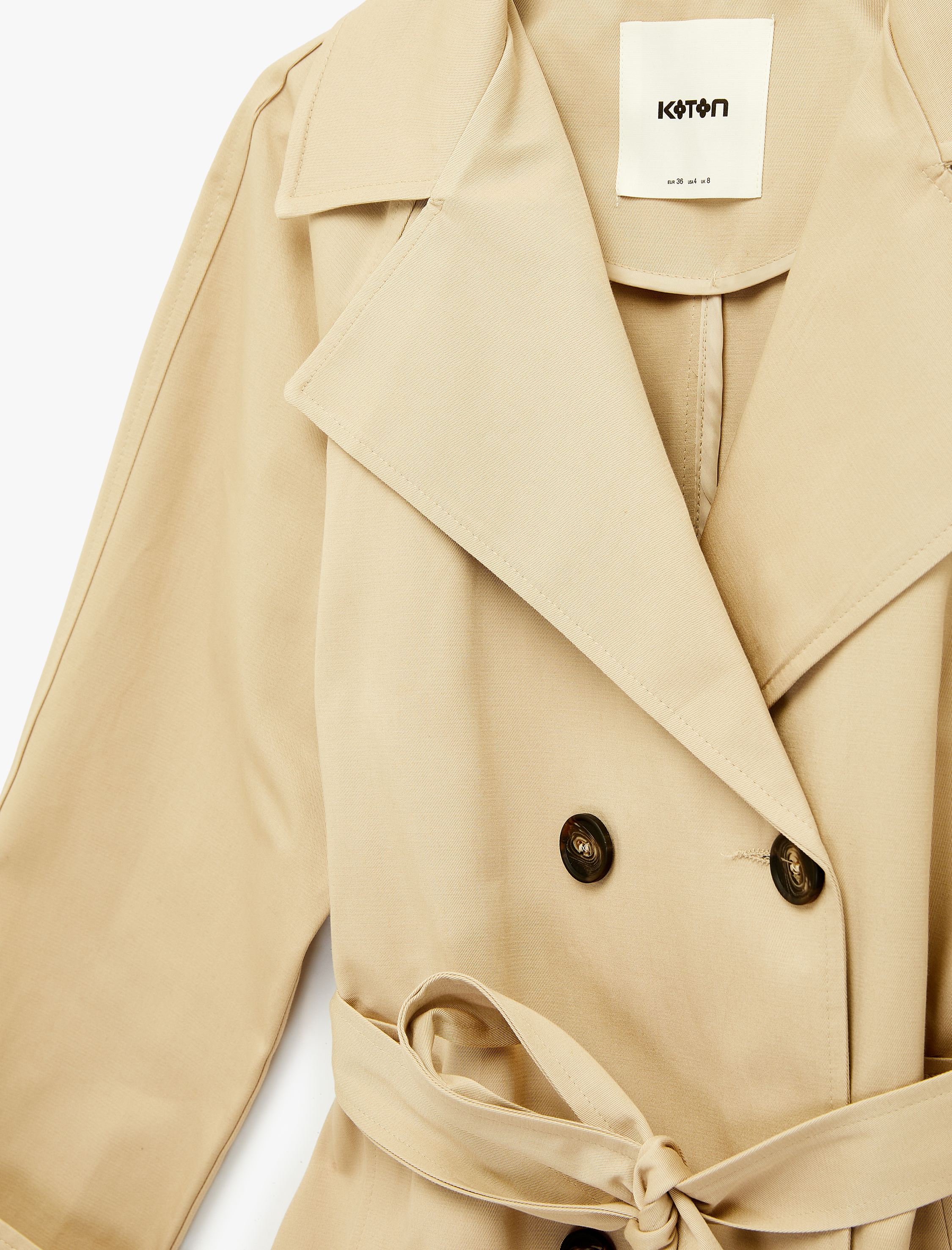   Uzun Kollu Cepli Kemerli Düğmeli Kruvaze Gabardin Oversize Trençkot