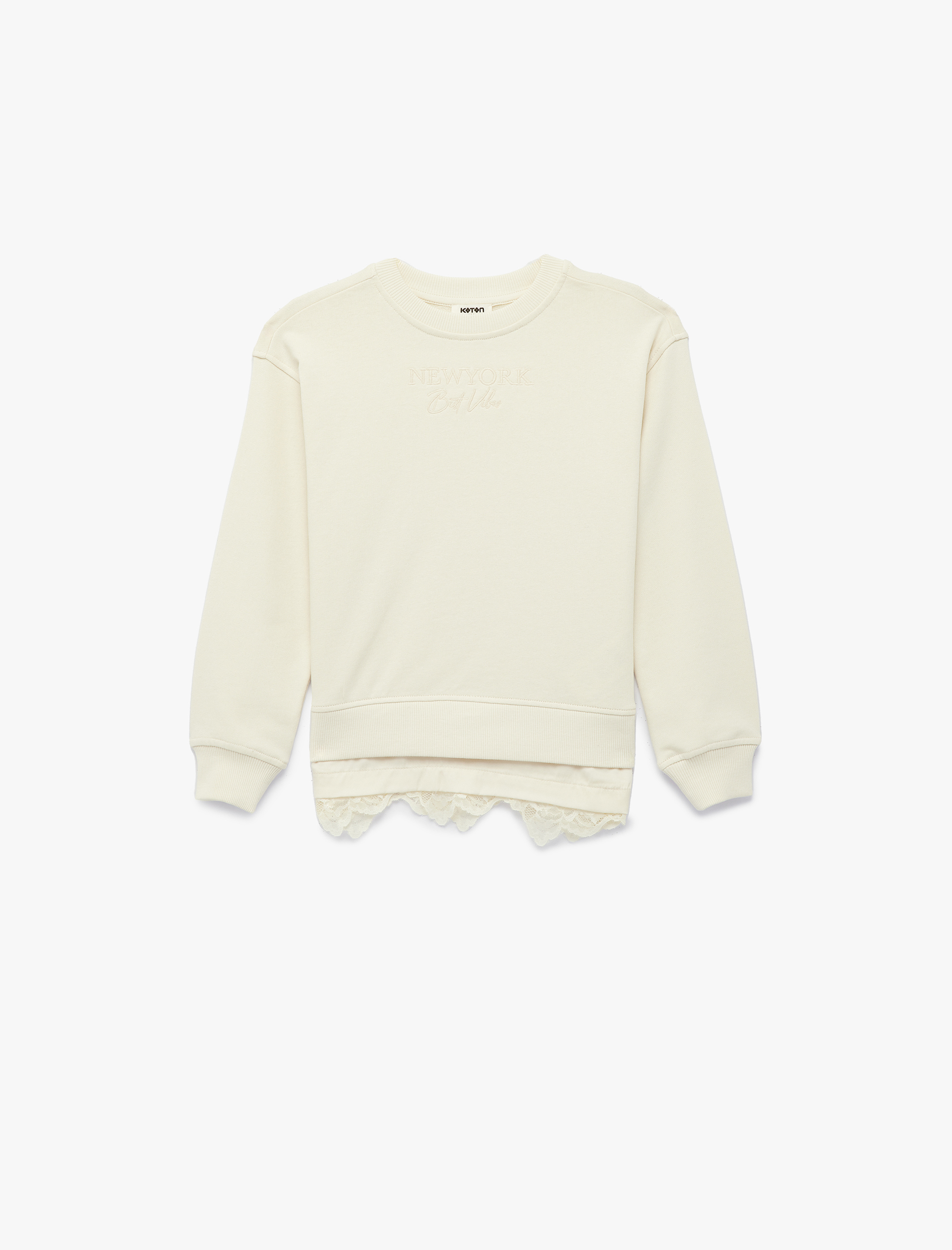  Kız Çocuk Uzun Kollu Bisiklet Yaka Dantel Detaylı Pamuklu Sweatshirt