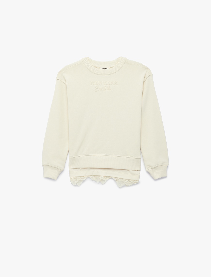 Koton Uzun Kollu Bisiklet Yaka Dantel Detaylı Pamuklu Sweatshirt
