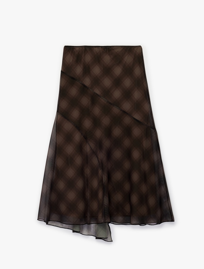  Asimetrik Kesim Ekoseli Midi Tül Etek