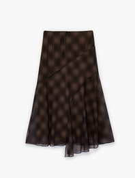 Asimetrik Kesim Ekoseli Midi Tül Etek